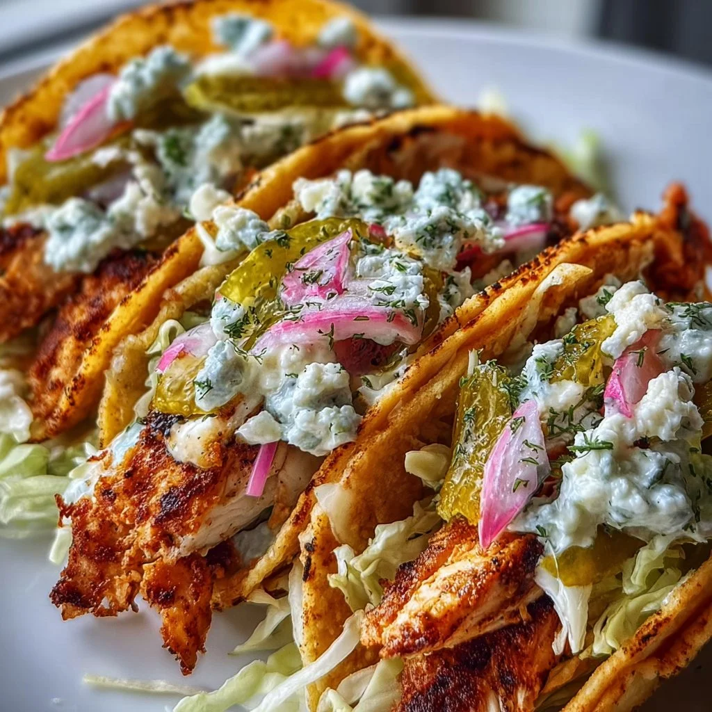 Dill Pickle Ranch Smash Chicken Tacos garnished with fresh herbs