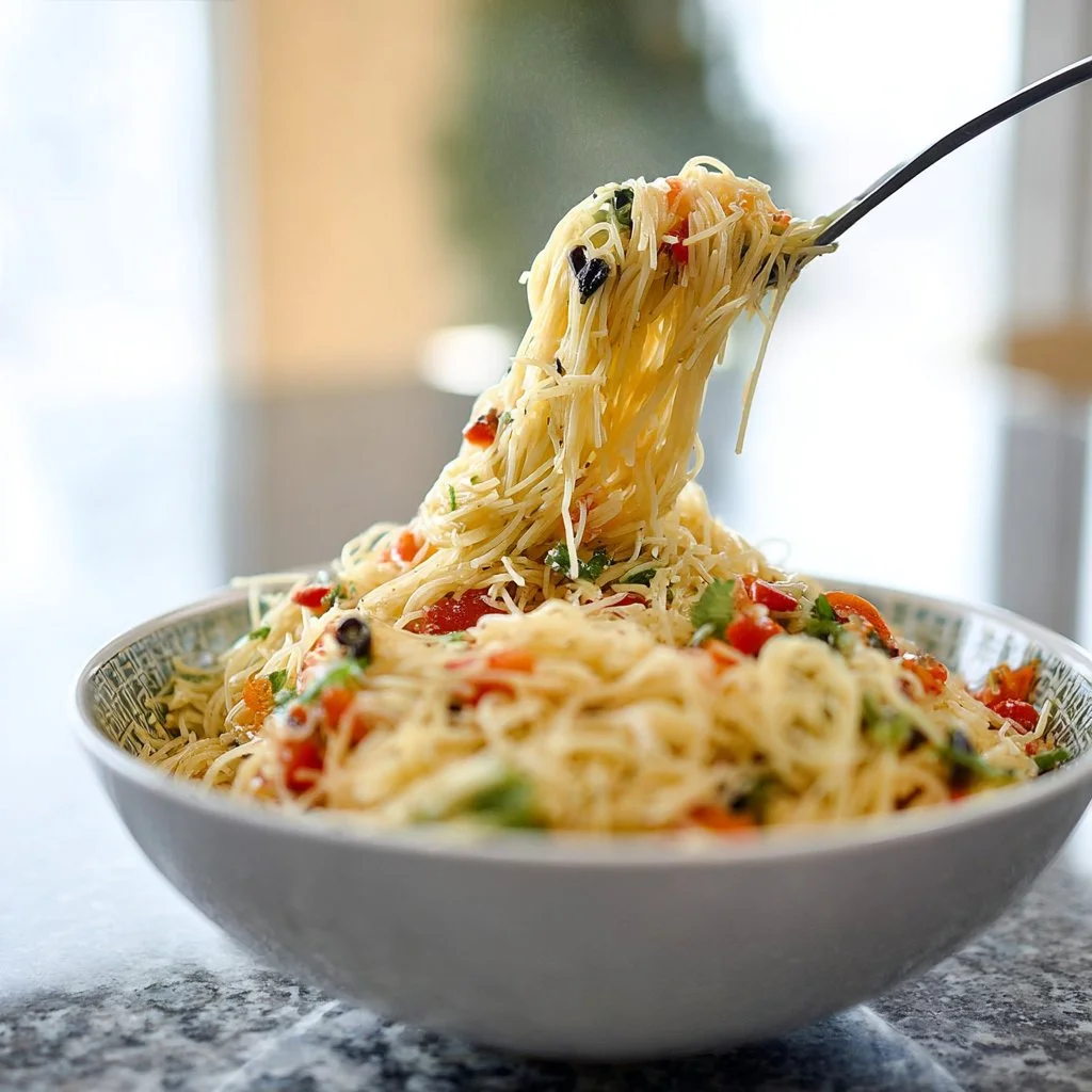 Easy Angel Hair Pasta Salad with fresh vegetables and dressing