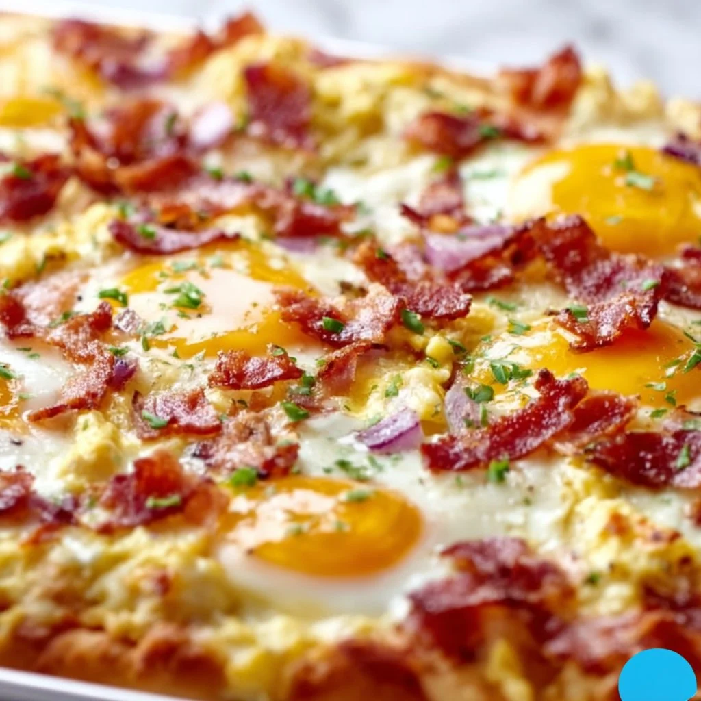 Easy breakfast pizza topped with eggs, cheese, and vegetables.
