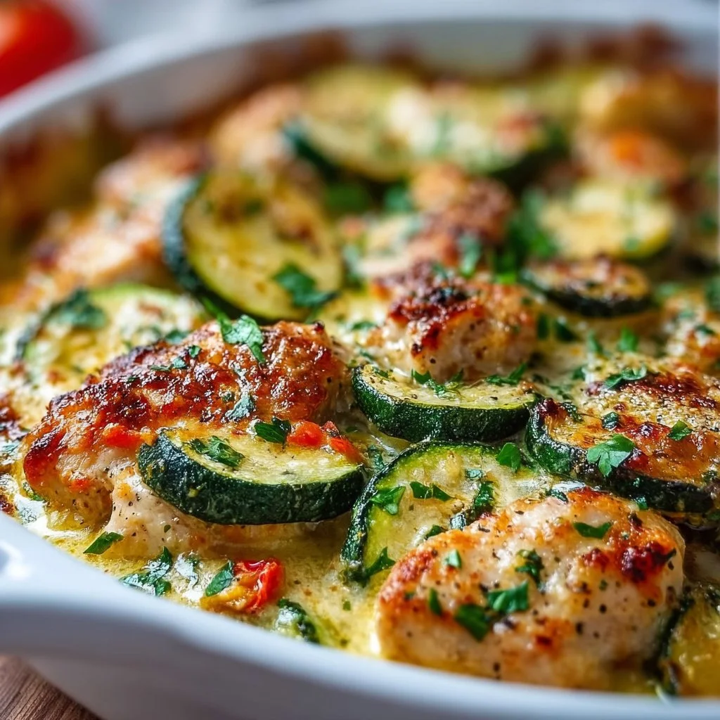 Easy cheesy chicken zucchini bake dish ready to serve