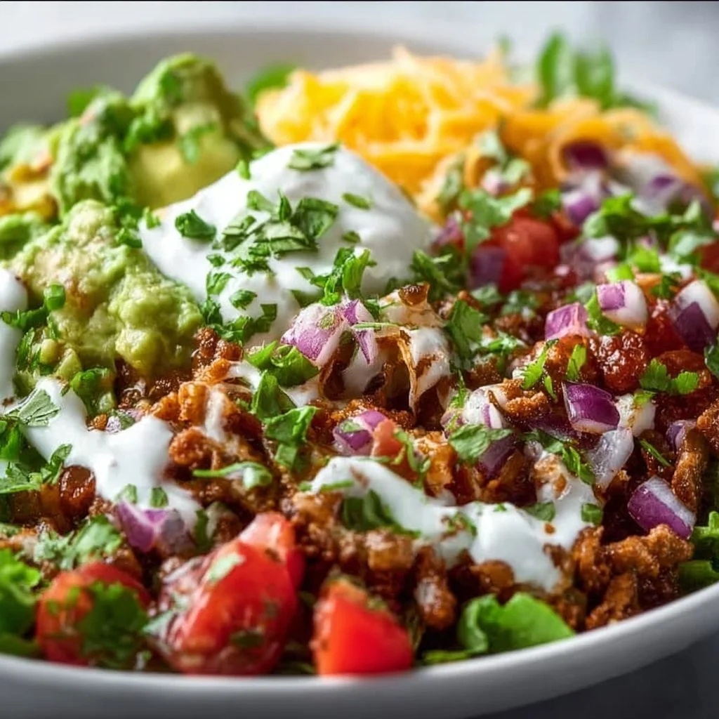 Delicious low carb burrito bowl with fresh ingredients and toppings.