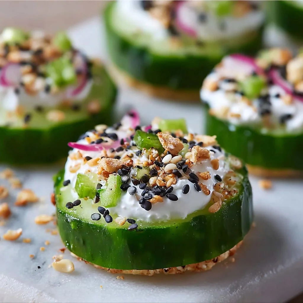 Plate of Everything Bagel Cucumber Bites with cream cheese and seasoning.