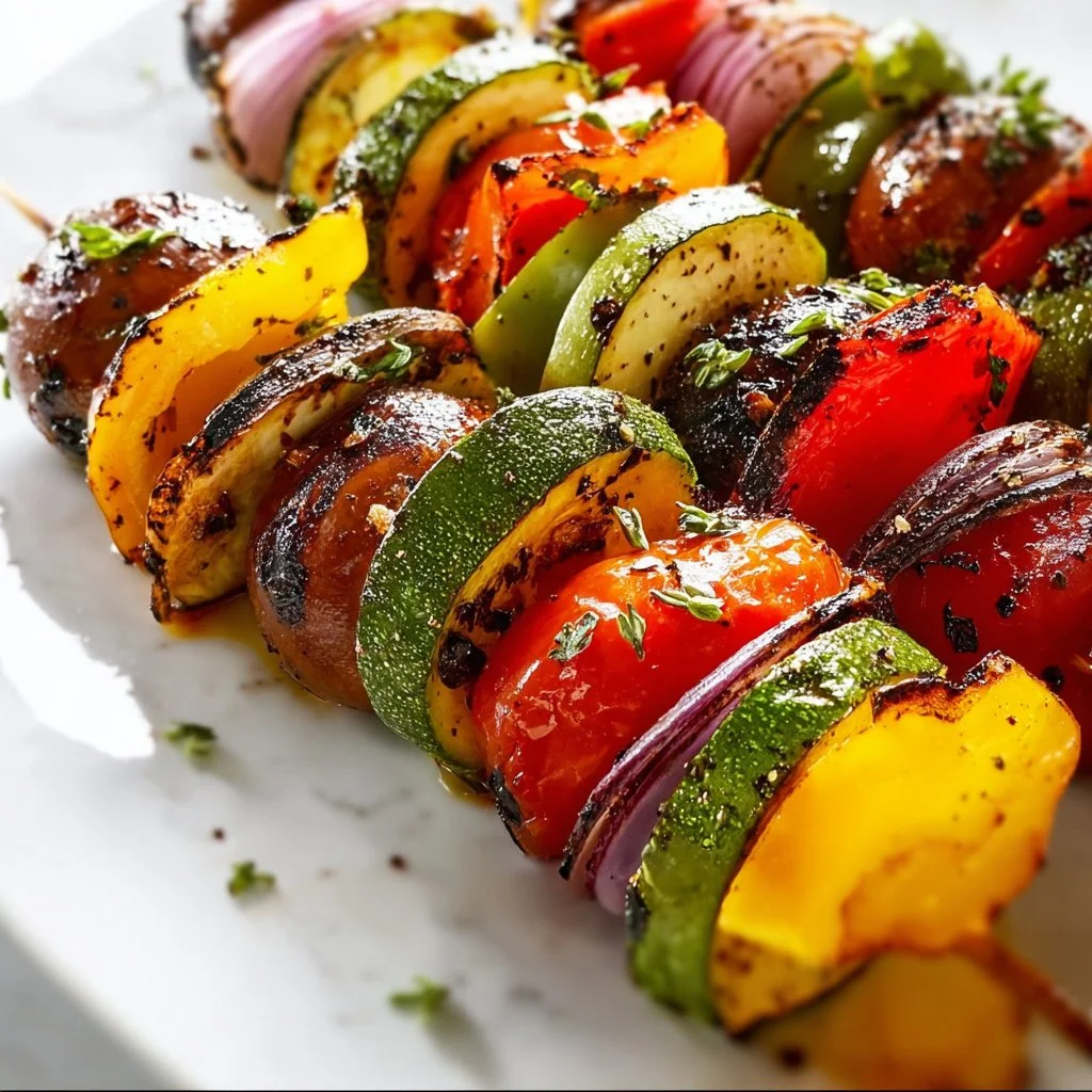 Colorful grilled veggie skewers with peppers, onions, and zucchini on a picnic table.