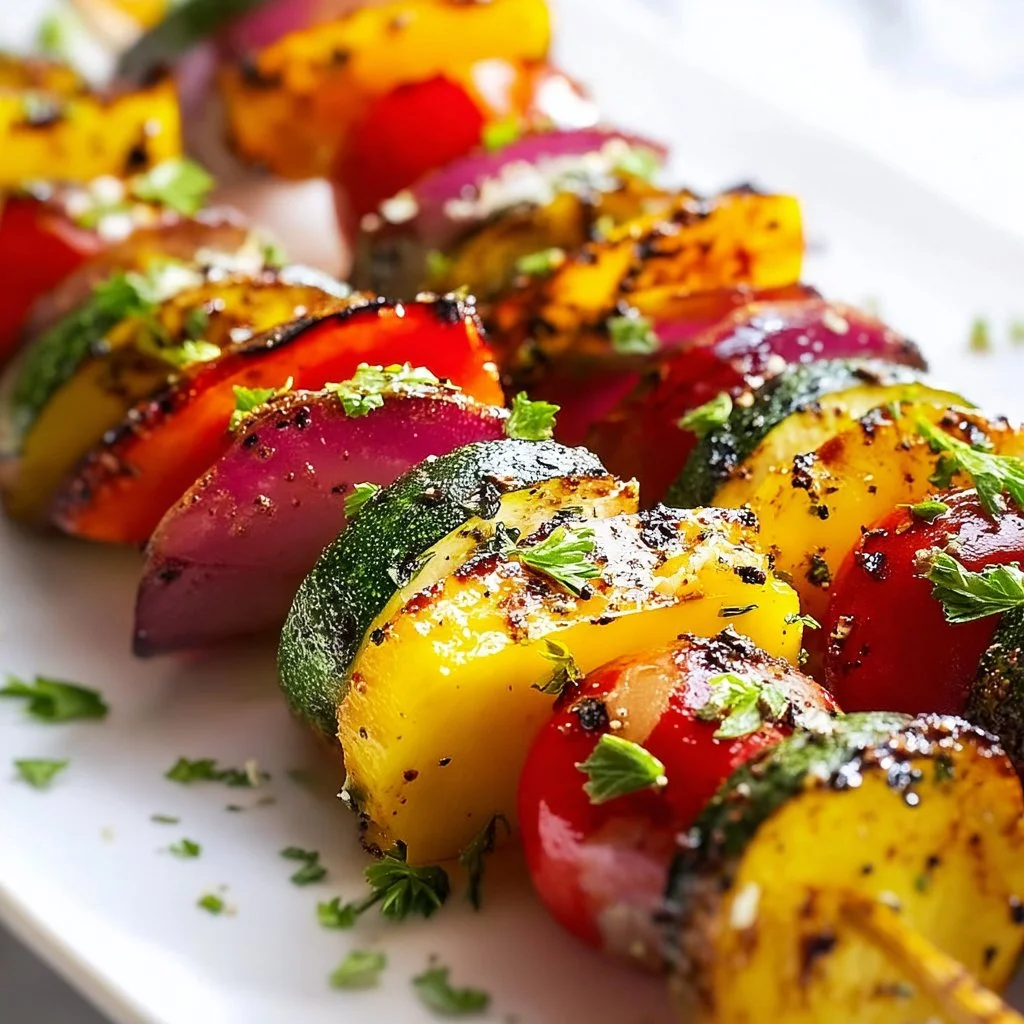 Colorful grilled veggie skewers featuring bell peppers, zucchini, and mushrooms.
