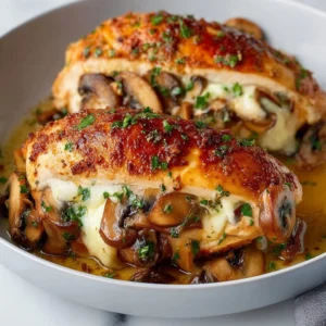 Flavorful mushroom stuffed chicken breast garnished and ready to serve.