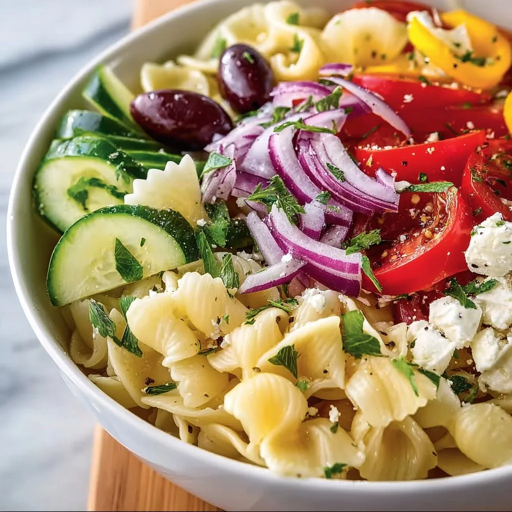 Fresh Greek Pasta Salad with vegetables, feta cheese, and olives