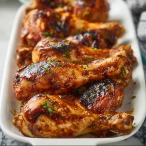 Delicious grilled chicken legs served on a plate with herbs and spices