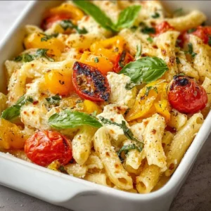 A colorful dish of healthy baked feta pasta with fresh vegetables