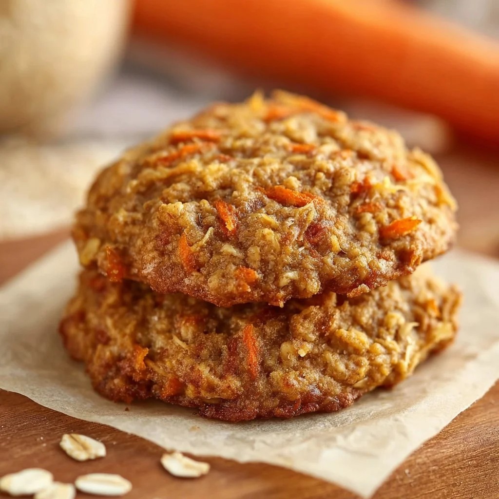 Healthy carrot cake oatmeal cookies on a plate, topped with icing and walnuts.