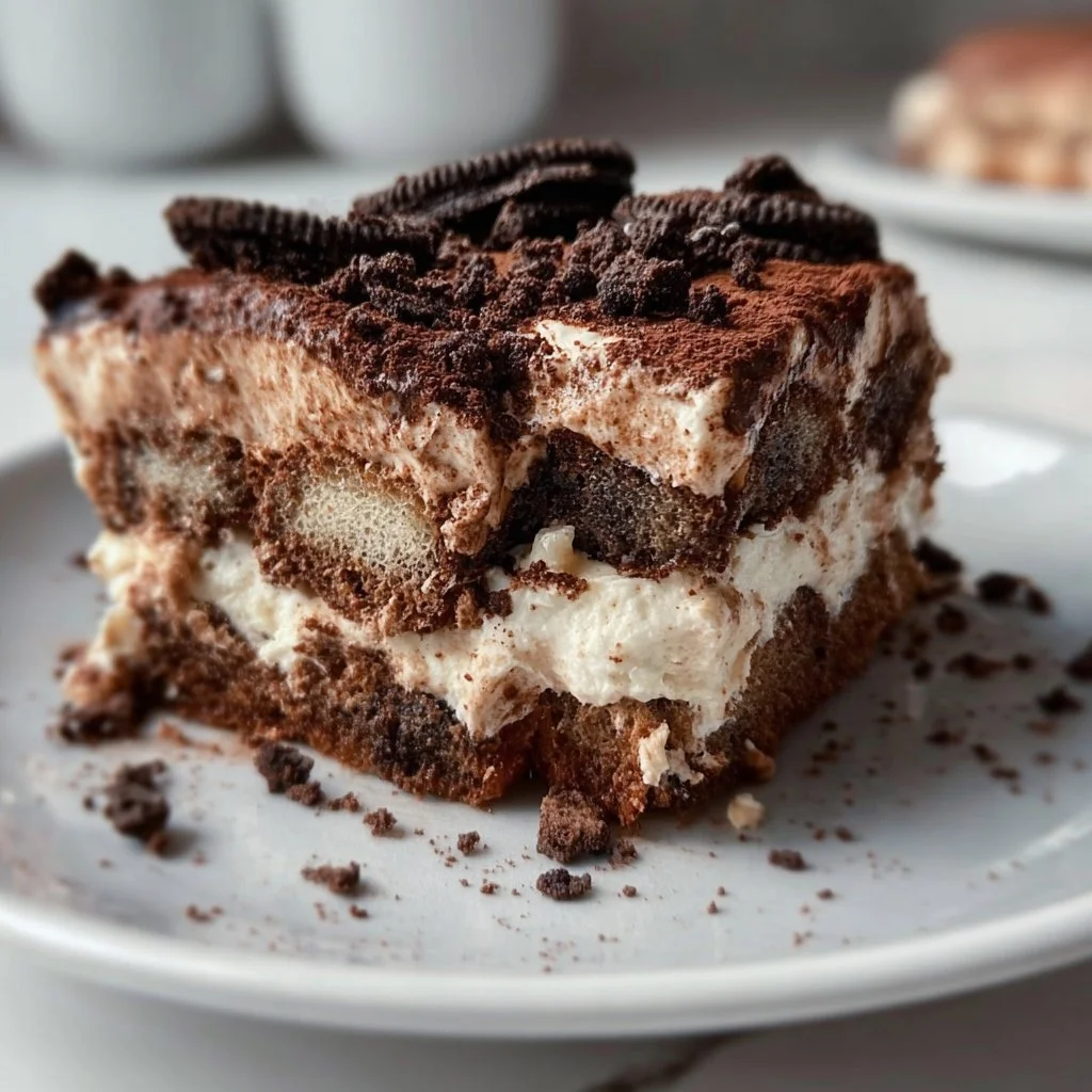 Healthy Oreo Tiramisu dessert with layers of cream and cookies