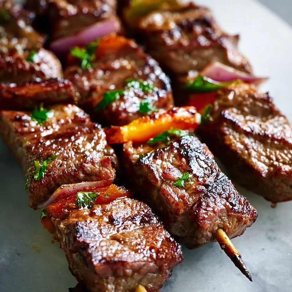 Healthy skirt steak kabobs grilled with vegetables for a nutritious meal