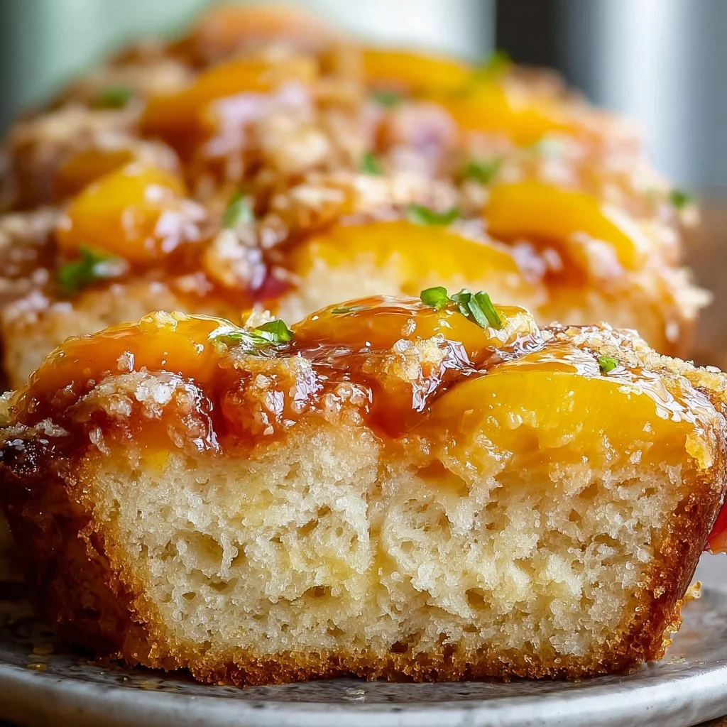 Delicious slice of heavenly peach bread topped with fresh peach slices