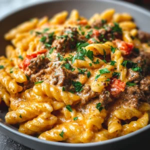 High protein creamy beef pasta dish served in a bowl, ready for a quick weeknight dinner.