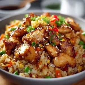 Plate of high-protein crispy garlic chicken fried rice garnished with vegetables.