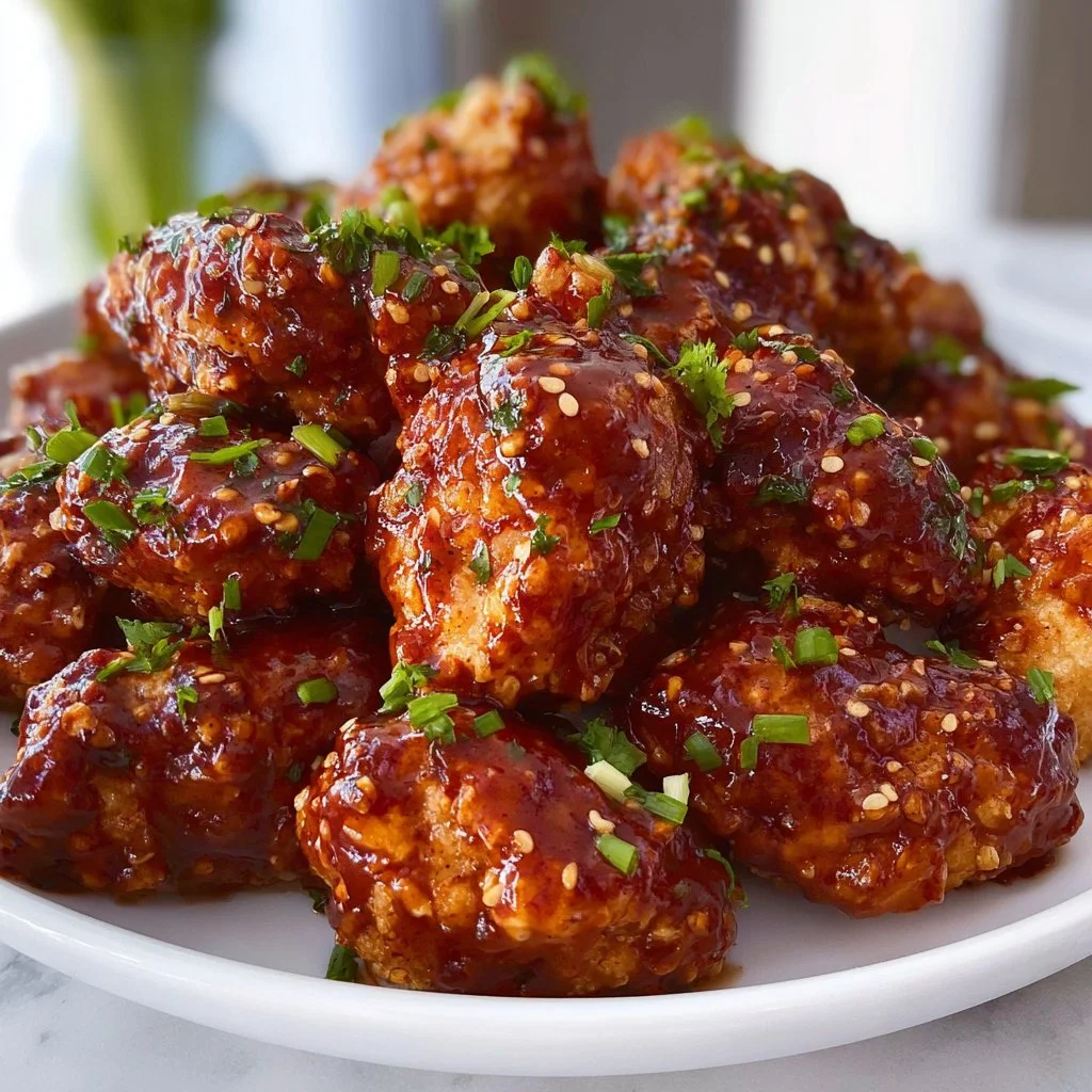 Honey barbecue chicken bites served on a platter with dipping sauce