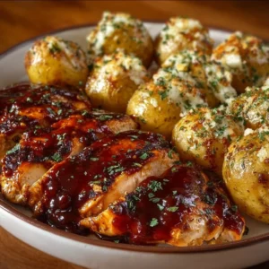 Plateful of Honey BBQ Chicken with Garlic Parmesan Potatoes served on a rustic table.
