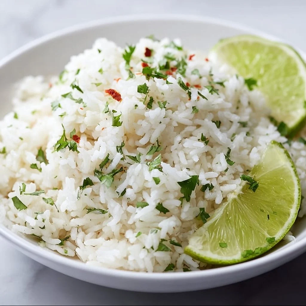 Bowl of instant pot cilantro lime rice garnished with lime and cilantro