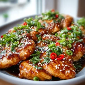 Deliciously marinated Korean chicken breasts on a plate