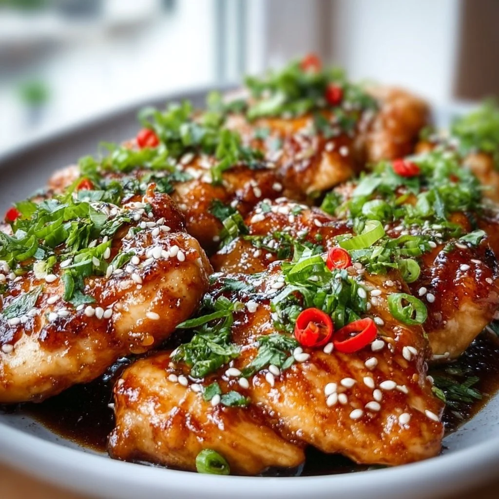 Deliciously marinated Korean chicken breasts on a plate