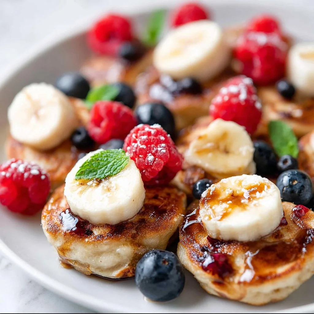 Delicious mini banana pancake bites served with syrup and fruit