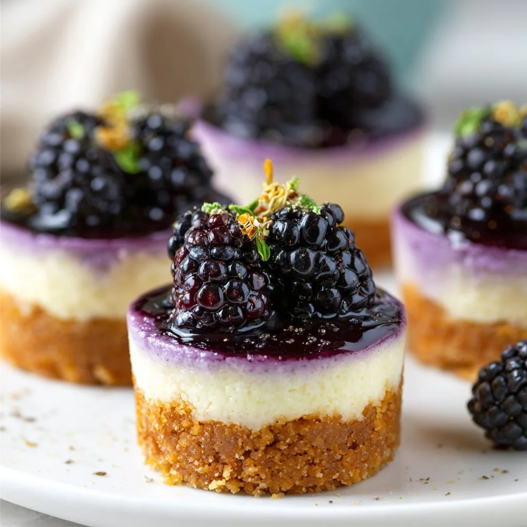 Mini blackberry lavender cheesecakes topped with fresh blackberries and lavender