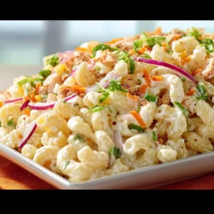 Ono Hawaiian BBQ macaroni salad served in a bowl with fresh ingredients
