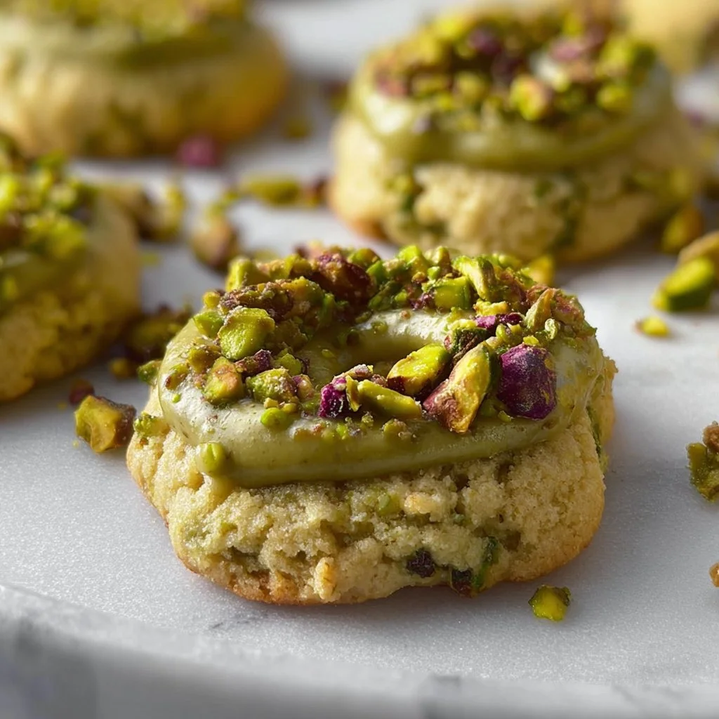 Pistachio thumbprint cookies with vibrant green pistachio nuts and jam filling.