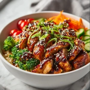 Delicious quick sticky chicken bowls served with fresh vegetables and rice