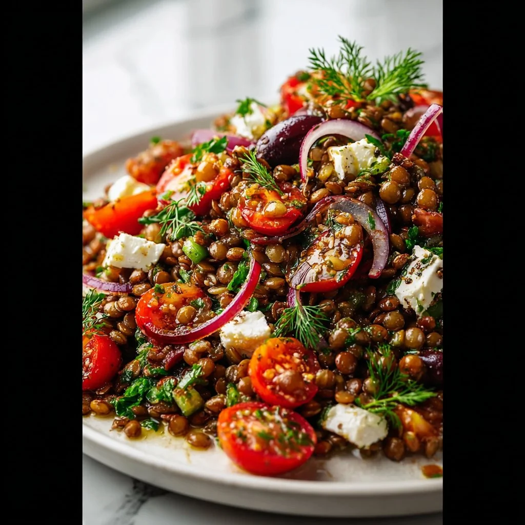 Delicious Mediterranean lentil salad served in a bowl with vibrant vegetables