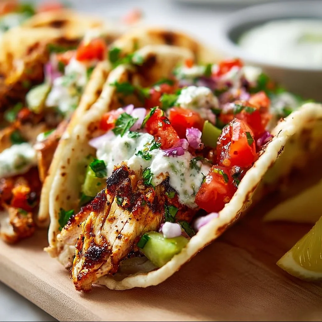 Quick Mediterranean chicken tacos with fresh vegetables and herbs