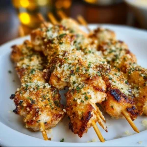 Delicious Ranch Garlic Parmesan Chicken Skewers on a white plate.