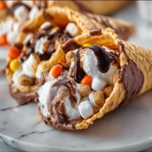 Delicious Reese's Campfire Cones filled with chocolate and marshmallows.