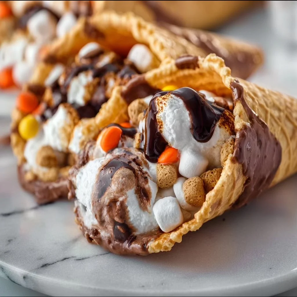 Delicious Reese's Campfire Cones filled with chocolate and marshmallows.