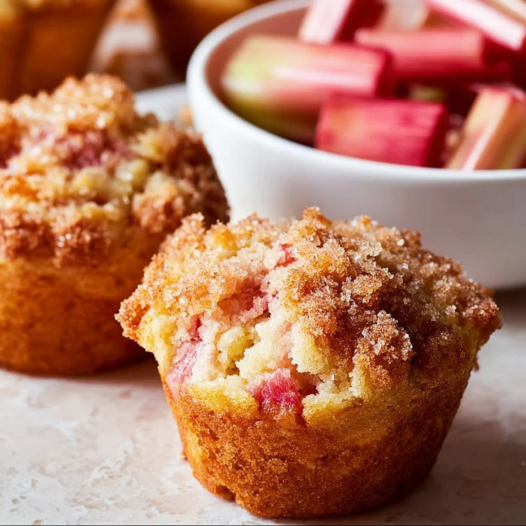 Delicious homemade rhubarb muffins with a golden brown top.
