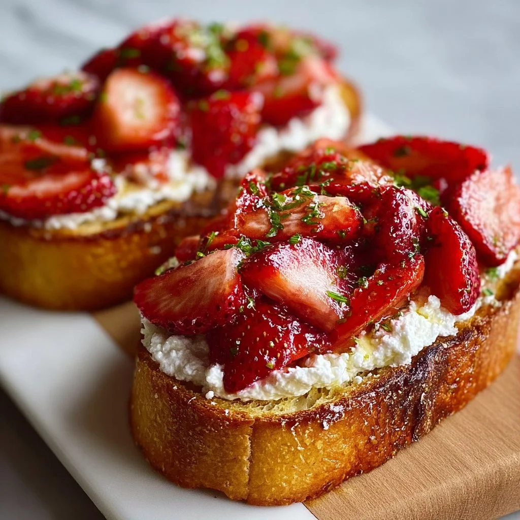 Roasted strawberry whipped ricotta toast topped with fresh strawberries.