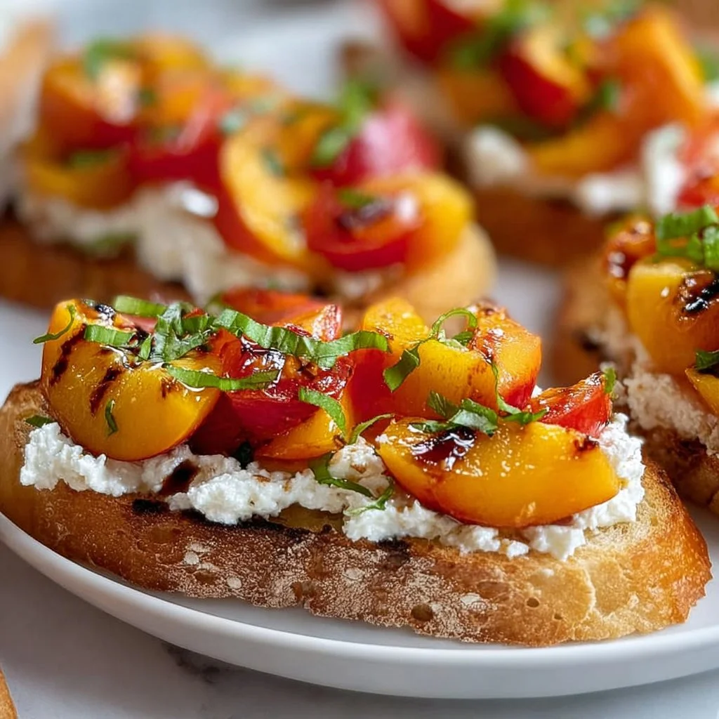 Simple Peach Bruschetta topped with whipped ricotta on a wooden platter