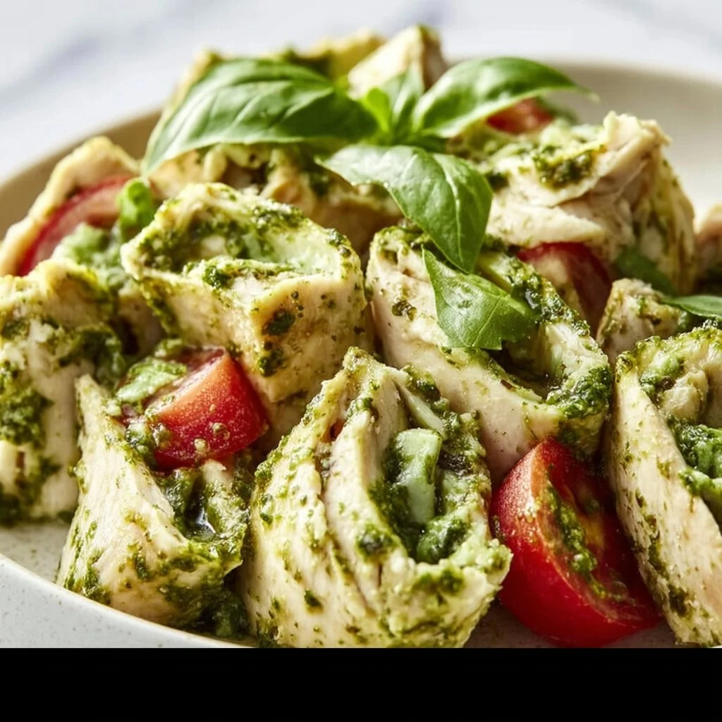 A bowl of simple pesto chicken salad made with three ingredients