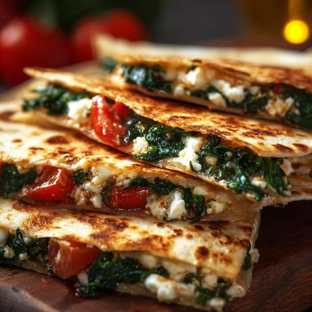 Delicious spinach and feta quesadillas served on a plate.