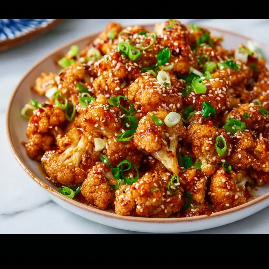 Sticky Sesame Cauliflower dish garnished with sesame seeds and green onions