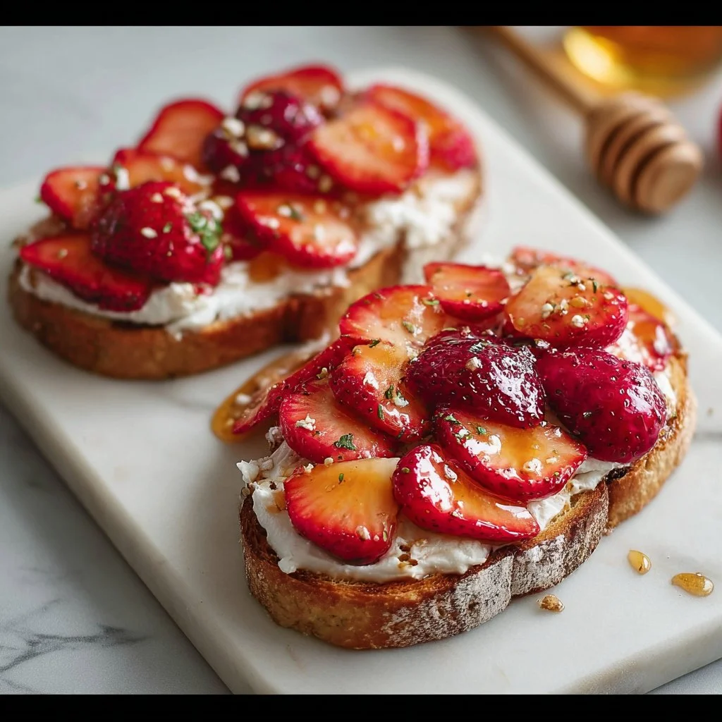 Strawberry honey toasts topped with fresh strawberries and honey drizzle
