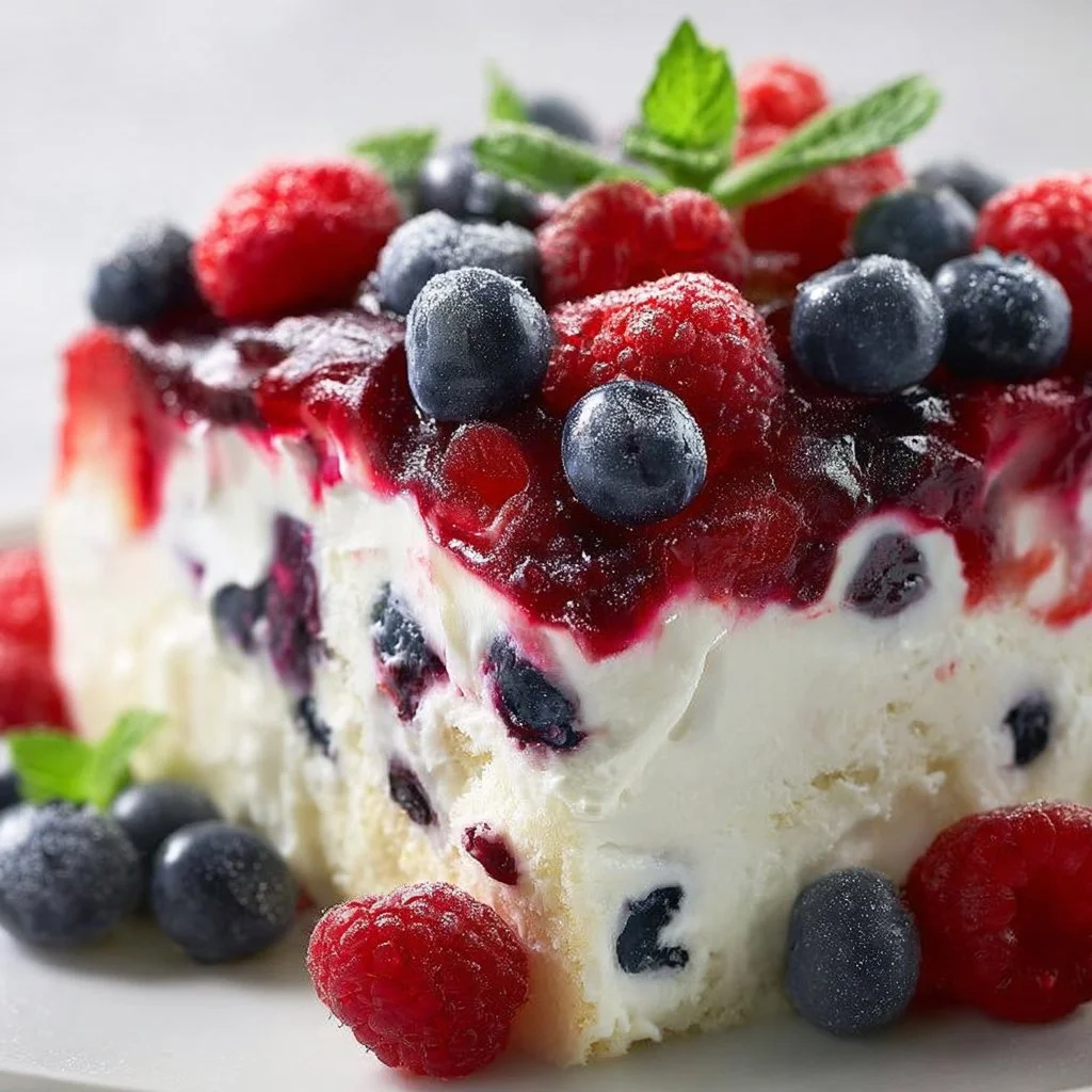 Delicious Summer Berry Poke Cake with fresh berries and creamy frosting