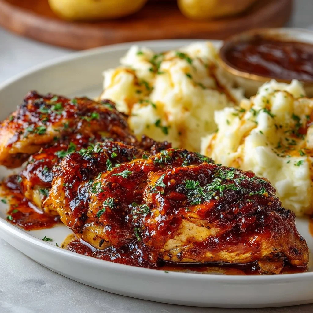 Plate of sweet and savory BBQ chicken served with creamy garlic potatoes.