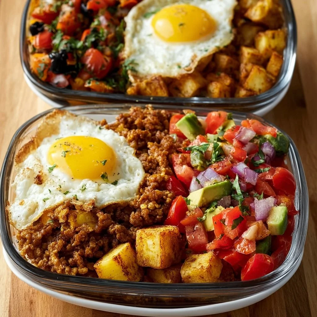 A colorful Tex-Mex breakfast bowl featuring eggs, beans, and avocado.