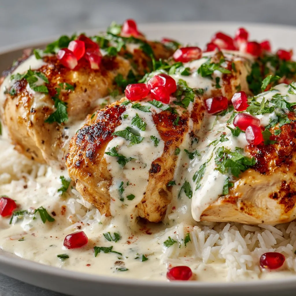 Delicious Turkish chicken served with creamy white sauce for a flavorful meal.