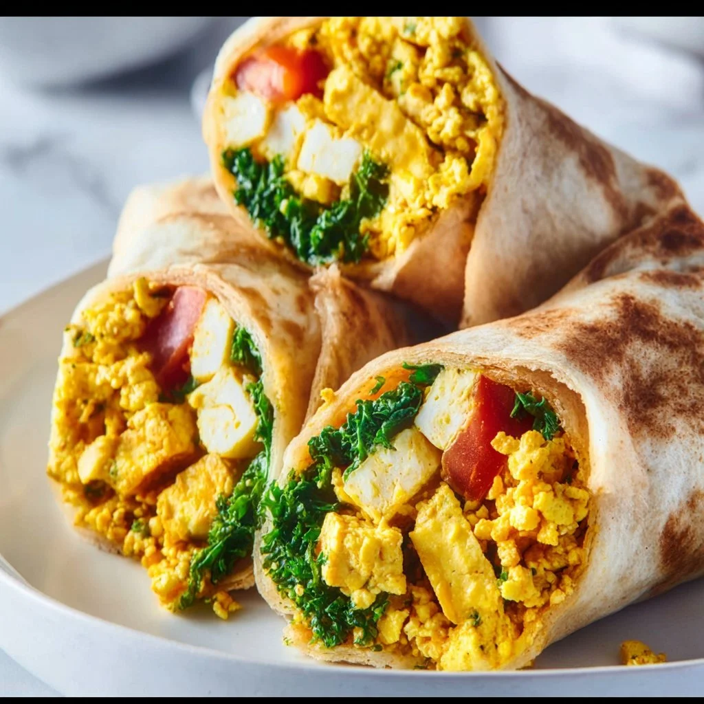 Delicious vegan tofu scramble wrap with fresh vegetables and herbs