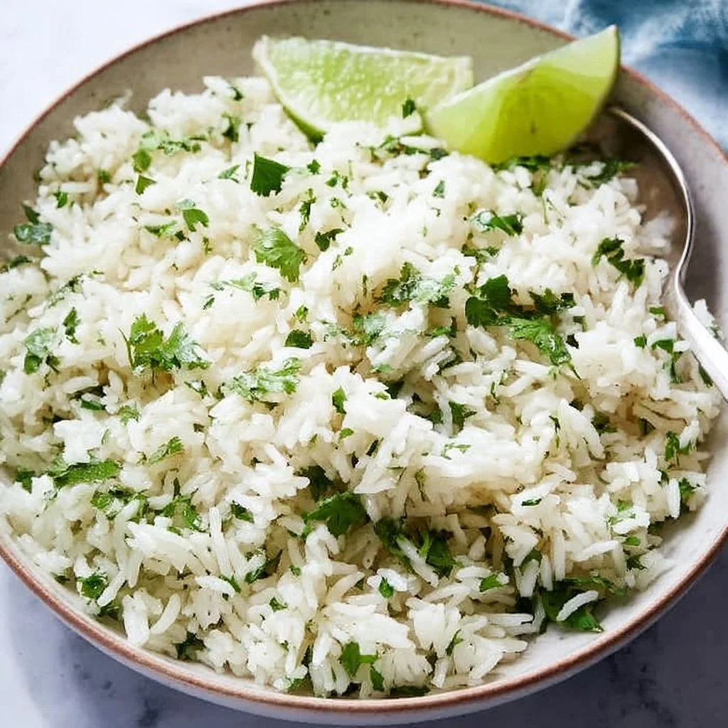 Bowl of zesty cilantro lime rice garnished with fresh cilantro and lime slices.