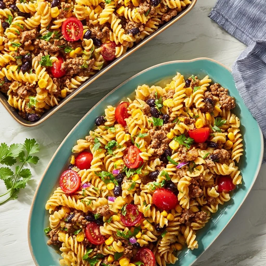 Zesty High Protein Fiesta Pasta Salad with colorful vegetables and a fresh dressing.