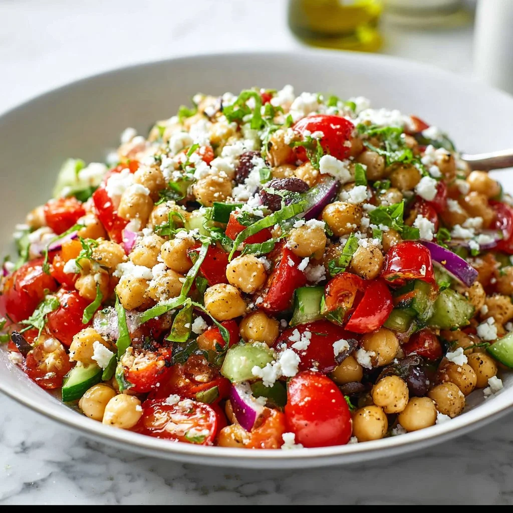 Colorful bowl of Mediterranean Chickpea Salad with fresh vegetables and herbs