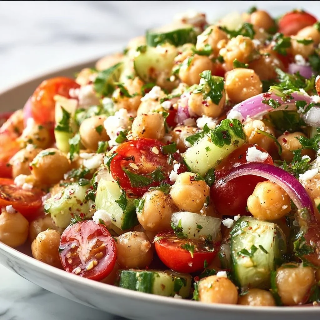Delicious chickpea salad filled with fresh vegetables and vibrant colors