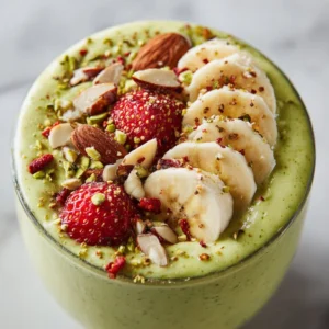 Delicious avocado banana smoothie in a glass, topped with slices of banana.